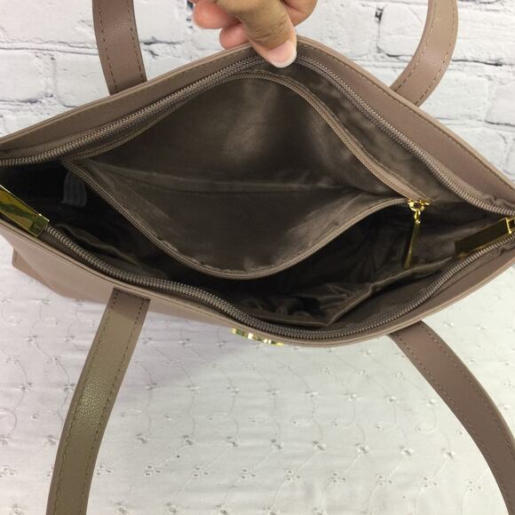 Joy Mangano Leather Double Handle Zipper Multiple Compartment Tan Tote Handbag - Picture 6 of 12